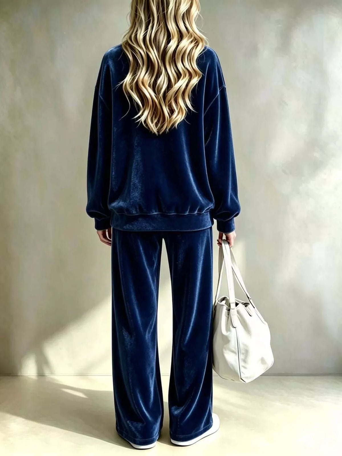 Navy dropped Shoulder Velvet Top and Wide Leg Pants Set — back view