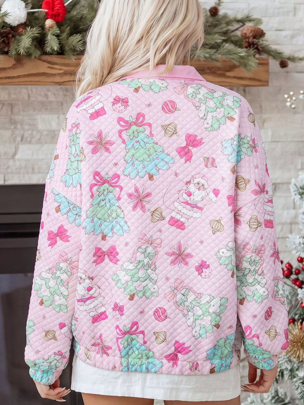 Pink christmas Print Collar Half Button Loose Sweatshirt — back view