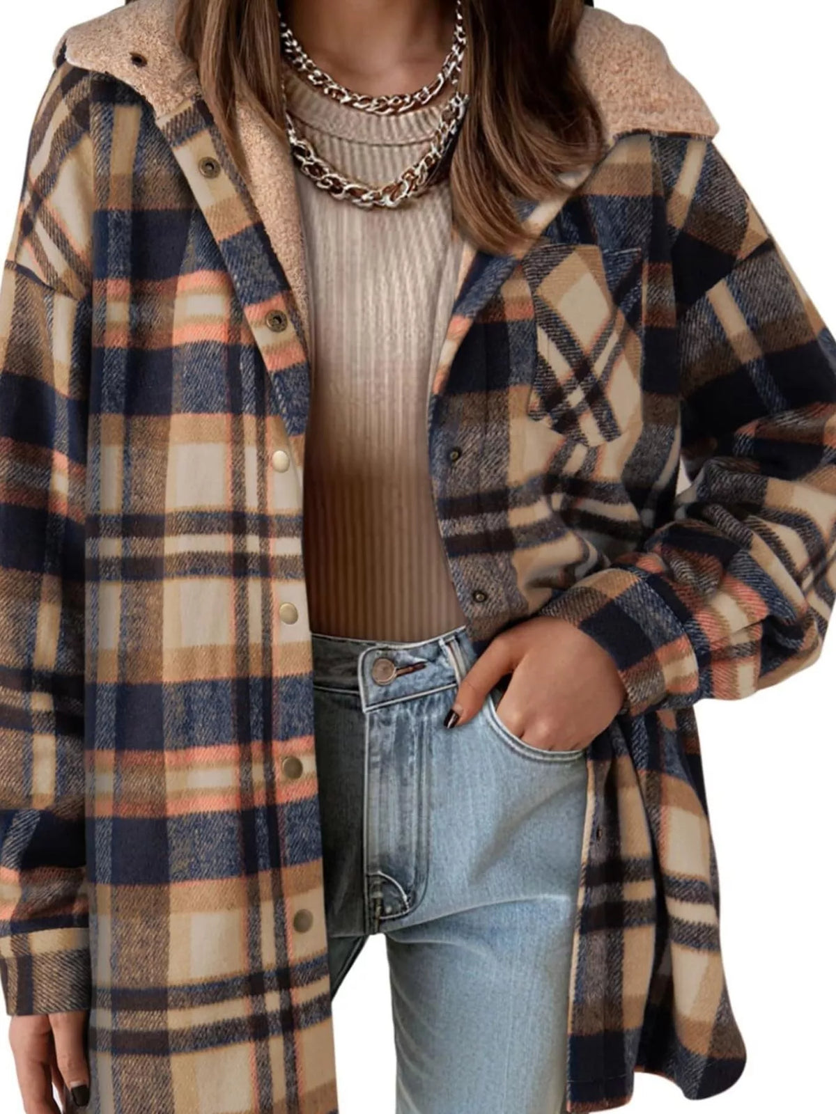 Coffee plaid hooded jacket worn open, front view.