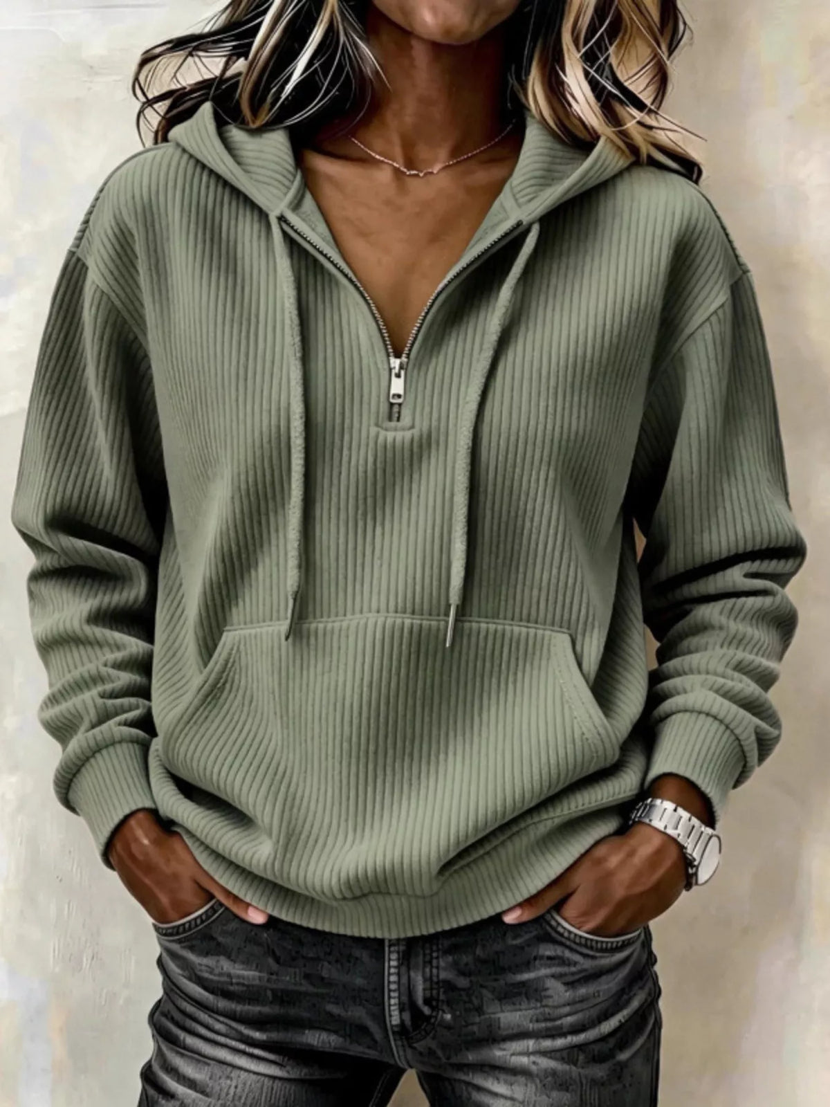 Olive green ribbed Knit Quarter-Zip Hoodie