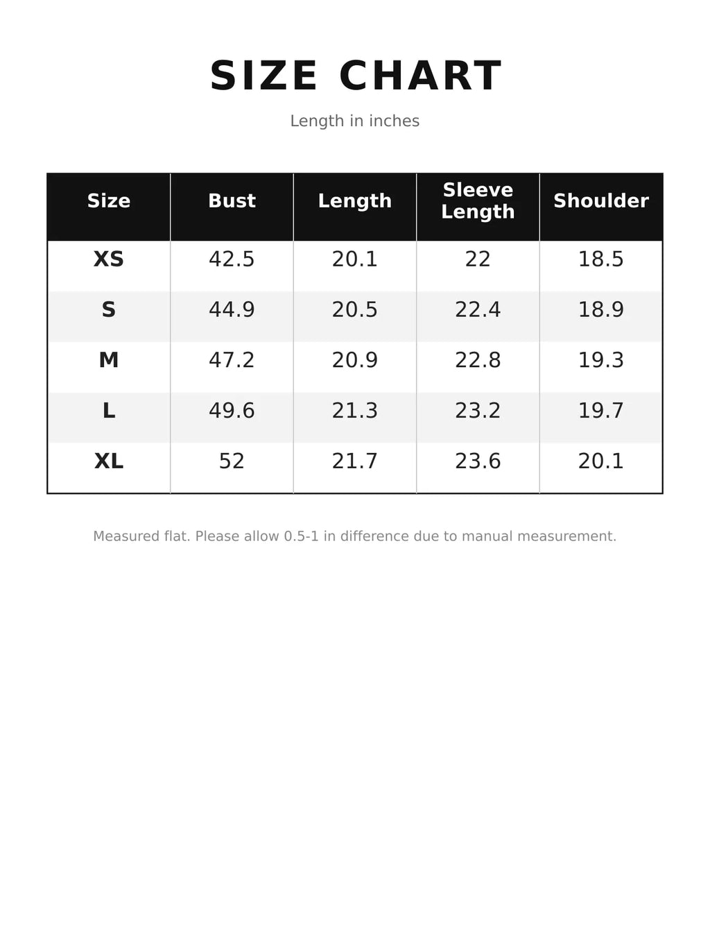 Size chart for the round-neck zip-up jacket, with measurements in inches.