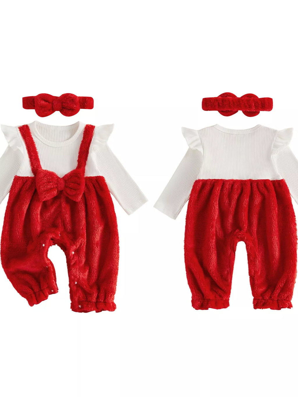 Red fuzzy baby overalls and matching bow headband with a white long-sleeve top displayed flat