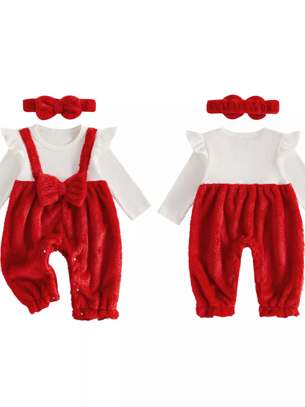 Red fuzzy baby overalls and matching bow headband with a white long-sleeve top displayed flat