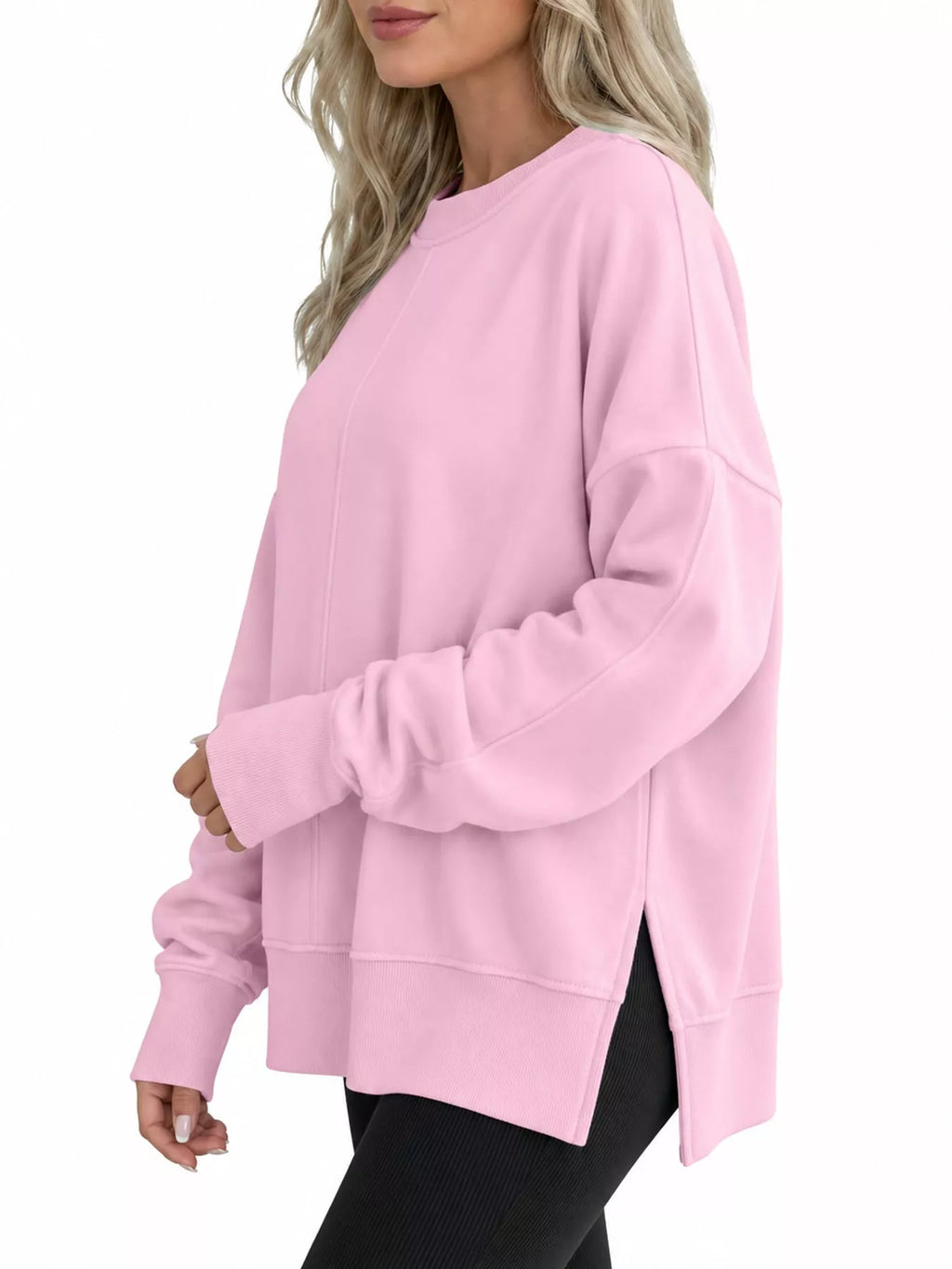 Pink oversized Crew Neck Sweatshirt with Side Slit