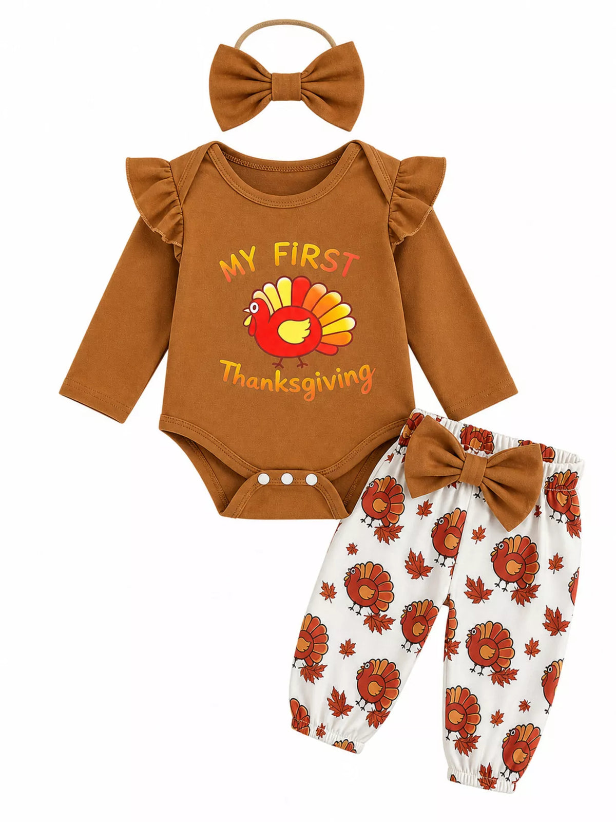 Brown My First Thanksgiving turkey bodysuit, white turkey-print pants and matching brown bow headband.