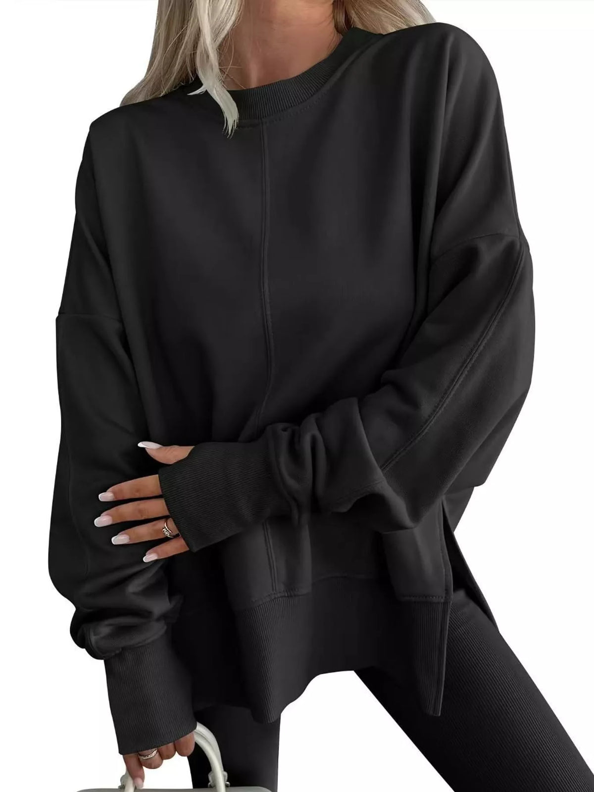 Black oversized Crew Neck Sweatshirt with Side Slit