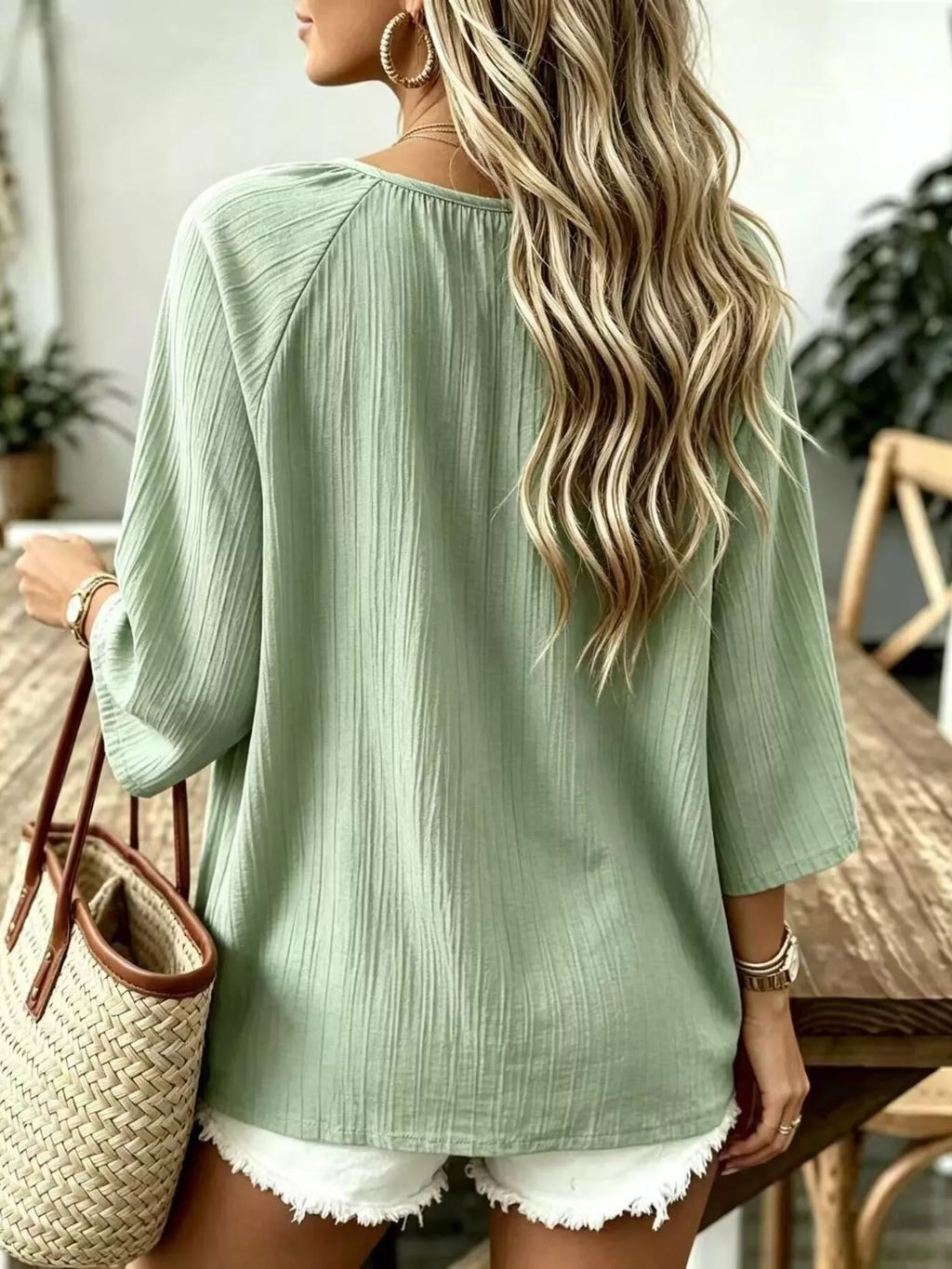 Sage green textured V-Neck T-Shirt — back view