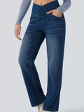 Dark blue high-waisted crossover waistband straight-leg jeans