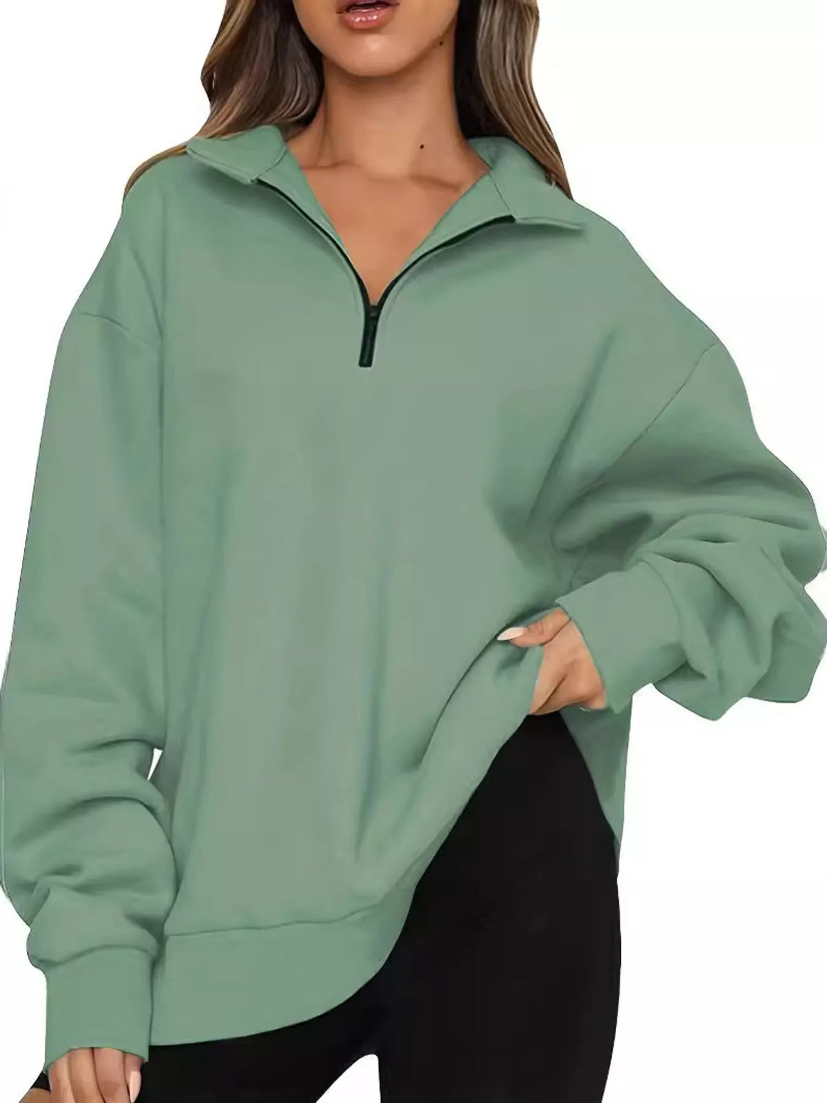 Sage green quarter-Zip Dropped Shoulder Sweatshirt