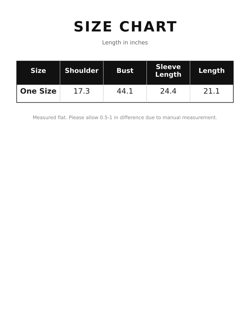 One-size measurement chart for the cropped denim jacket, in inches.