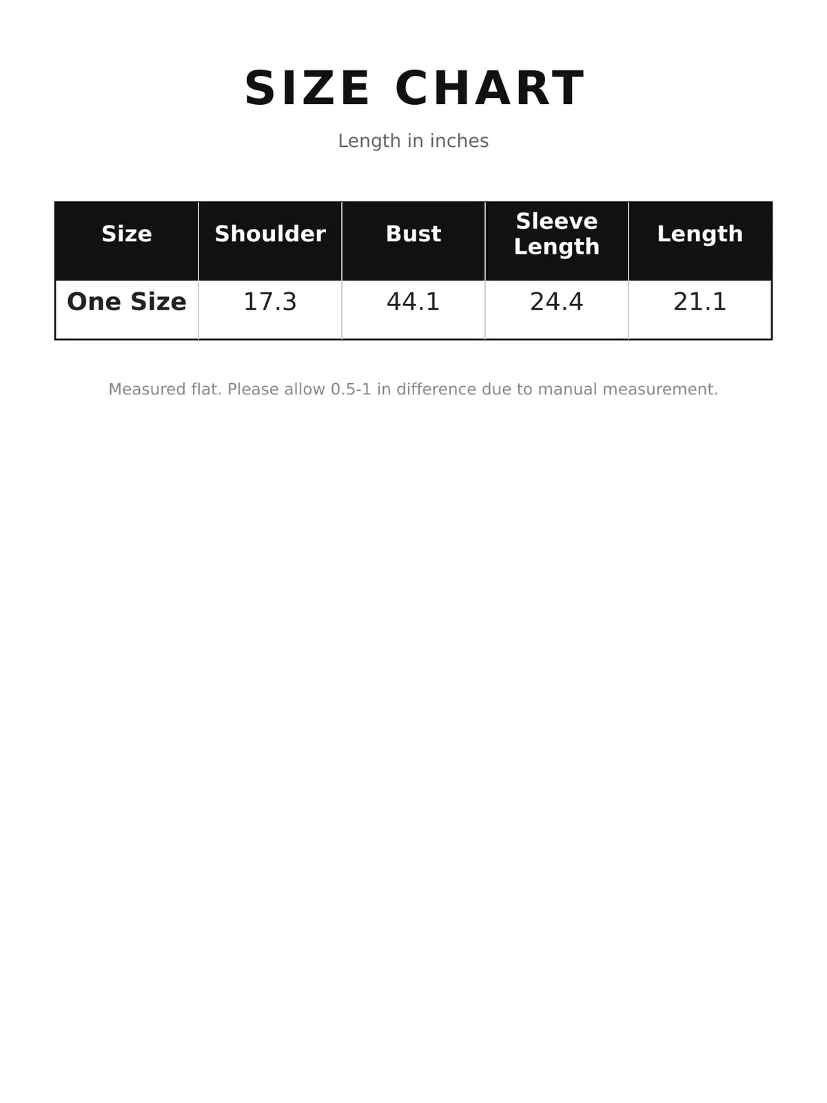 One-size measurement chart for the cropped denim jacket, in inches.