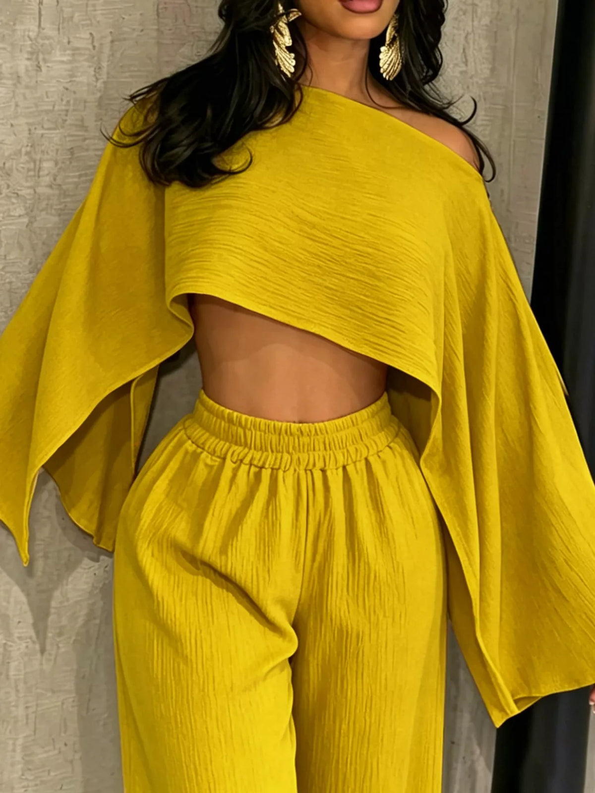 Yellow boat Neck Crop Top and Wide-Leg Pants Set