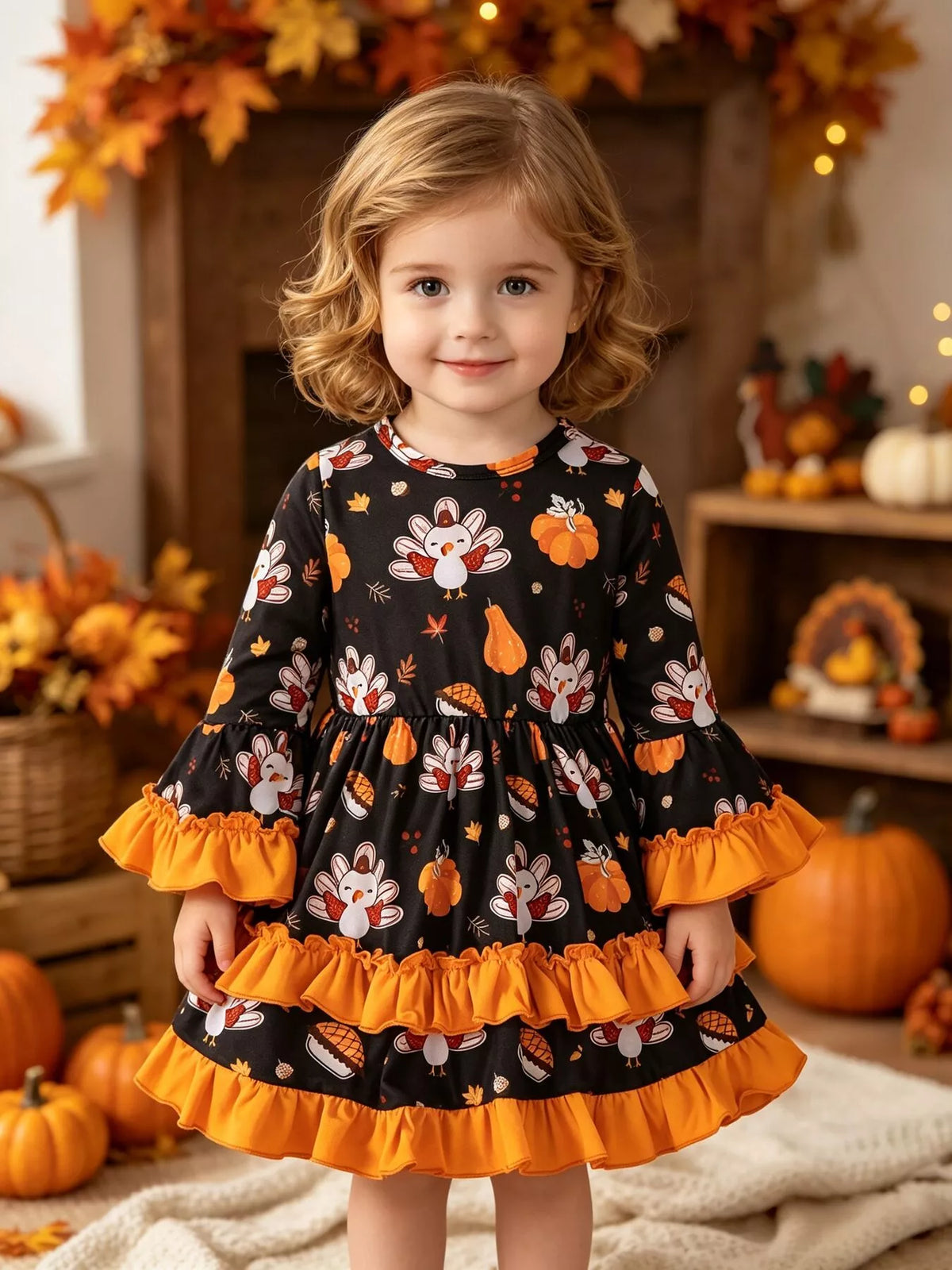 Children’s black turkey-print long-sleeve dress with orange ruffle trim worn by a child