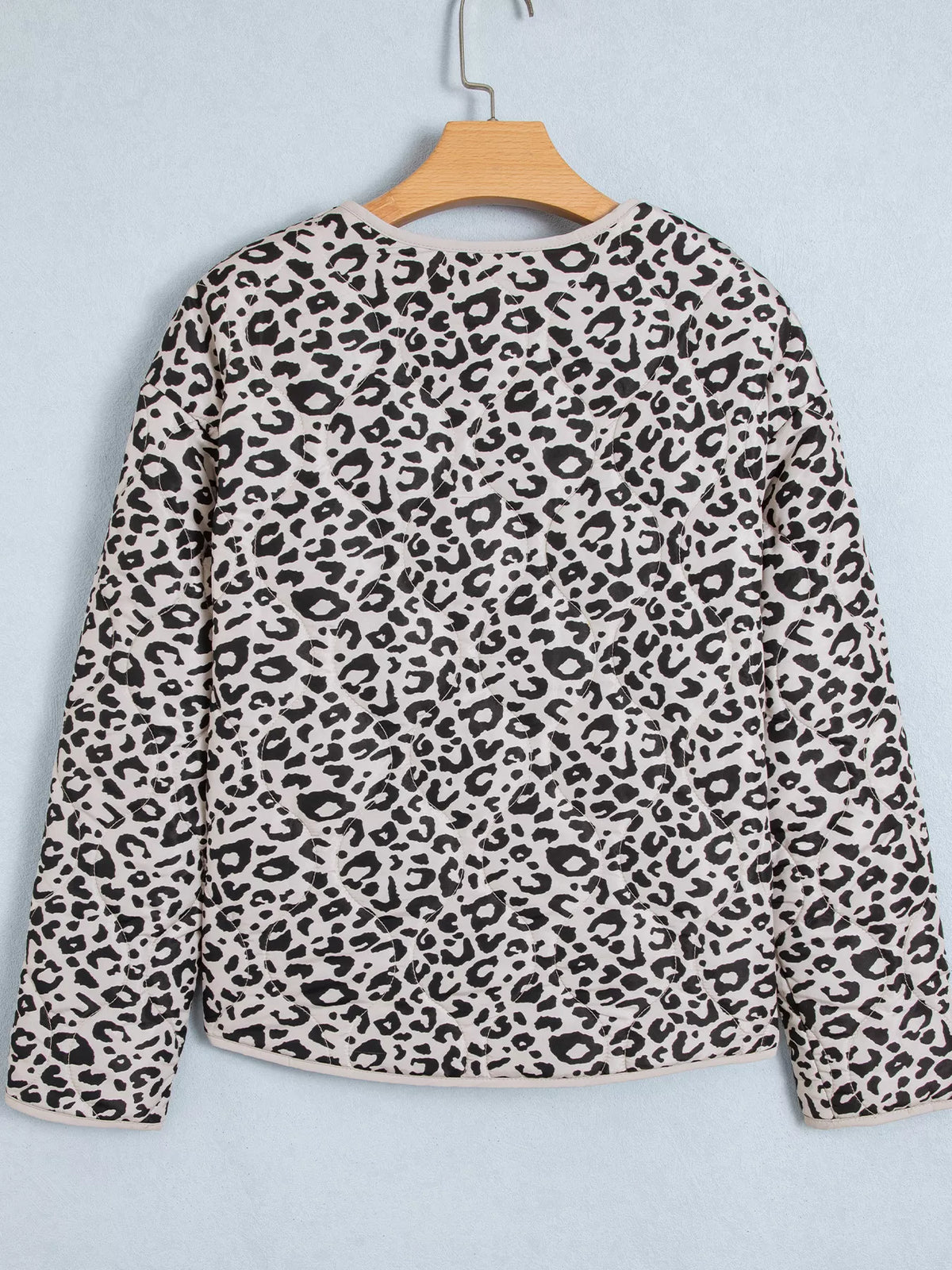 Back view of the leopard-print jacket displayed on a hanger.