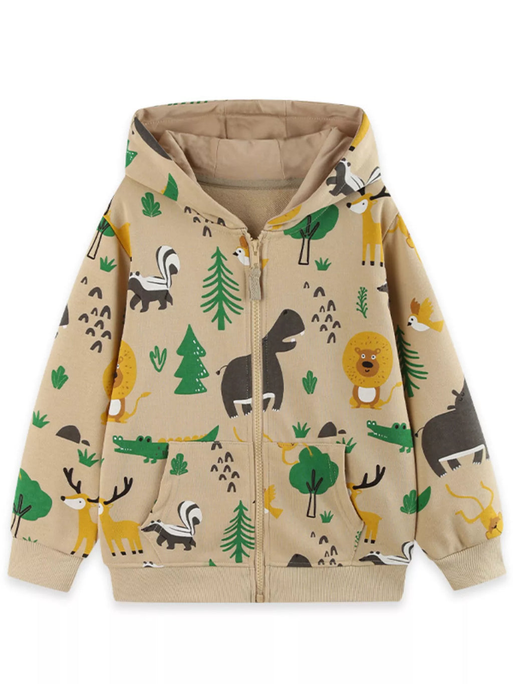 Beige forest-animal print zip-up hooded jacket displayed flat