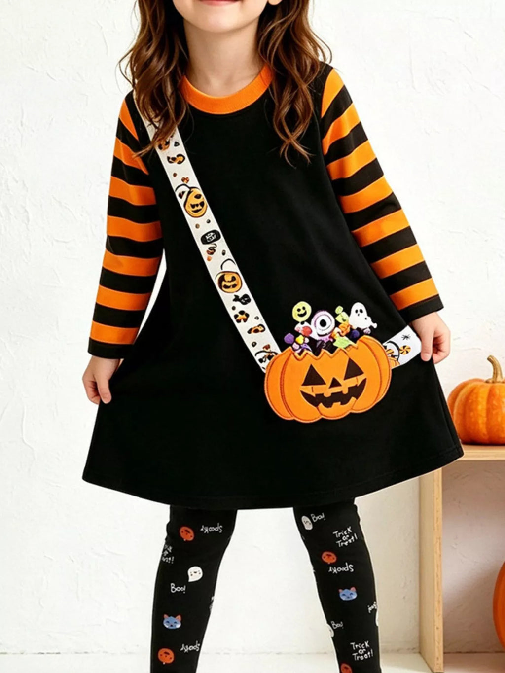 Children’s black pumpkin-print tunic with orange-striped sleeves and patterned leggings worn by a child
