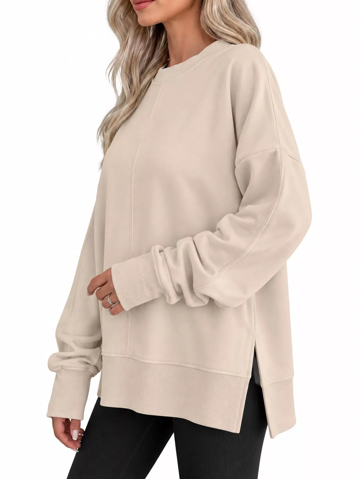 Beige oversized Crew Neck Sweatshirt with Side Slit
