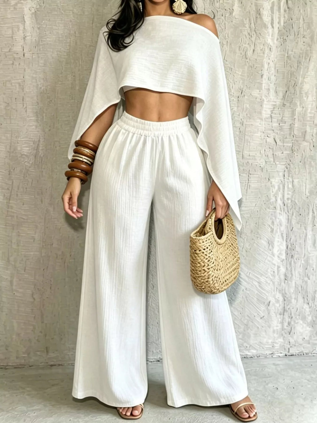 White boat Neck Crop Top and Wide-Leg Pants Set