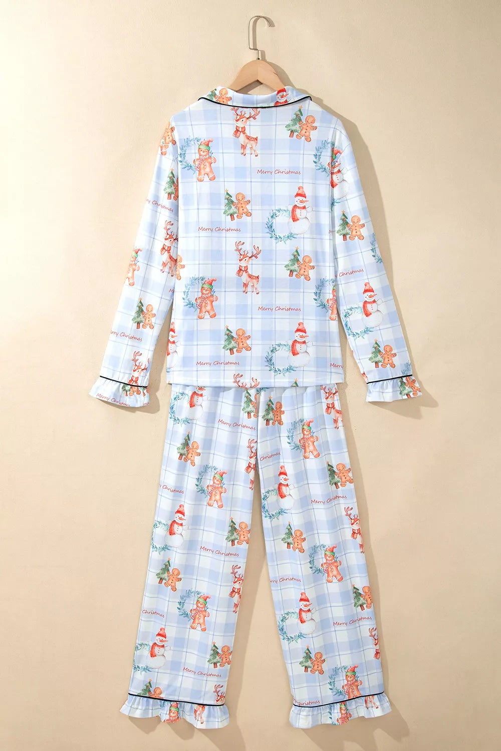 Light blue plaid Cartoon Christmas Pattern Shirt Top 2pcs Pajama Set — back view