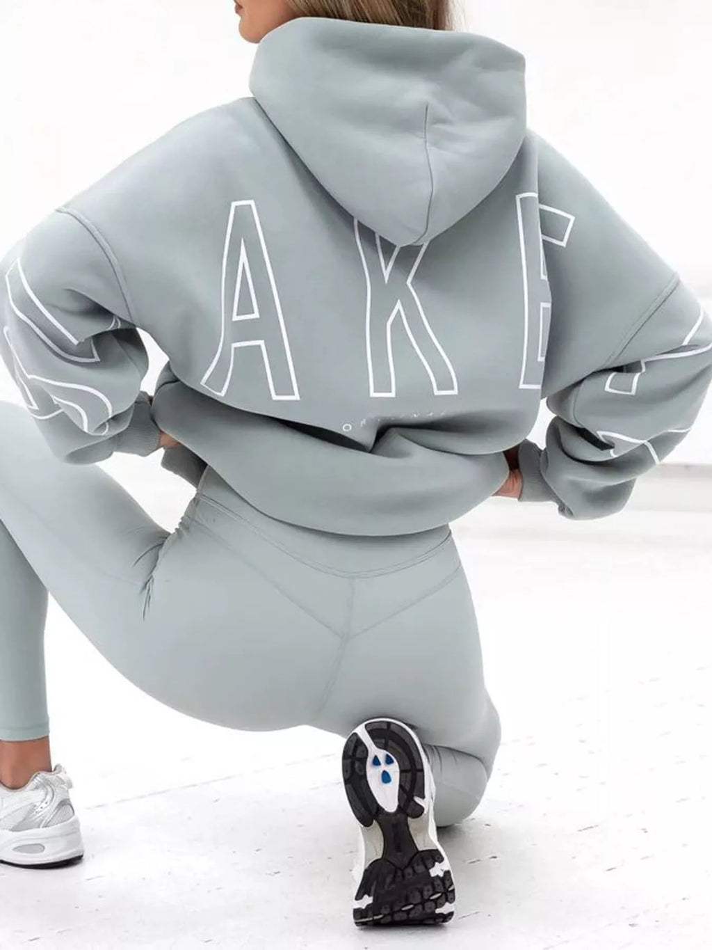 Sage green letter Back Hoodie with Kangaroo Pocket — back view