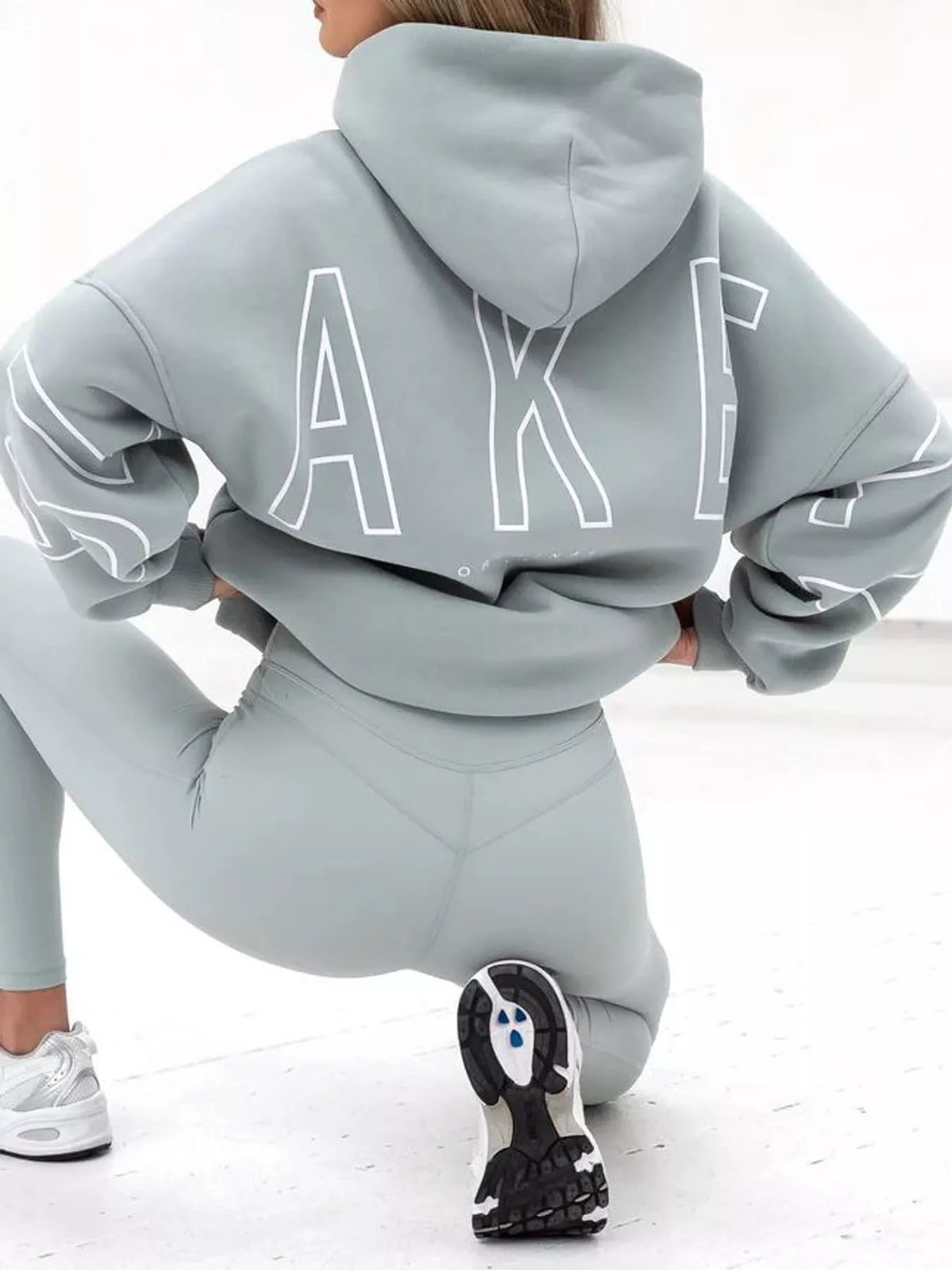 Sage green letter Back Hoodie with Kangaroo Pocket — back view