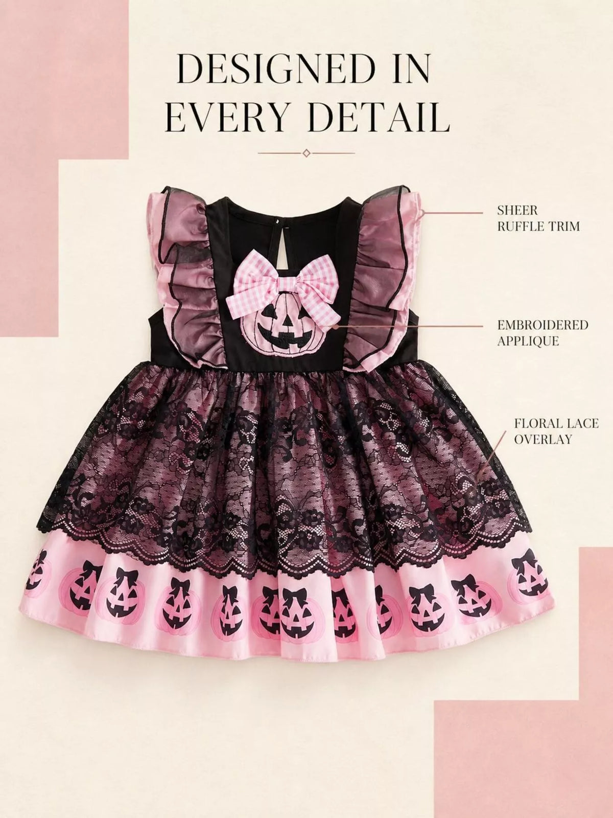 Black-and-pink pumpkin dress product display highlighting ruffle shoulders and lace overlay.