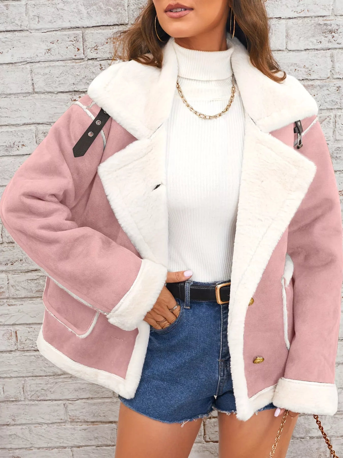 Pink jacket with wide white plush lapels, contrast trim and front pockets, front view modeled with a hand at the hip.