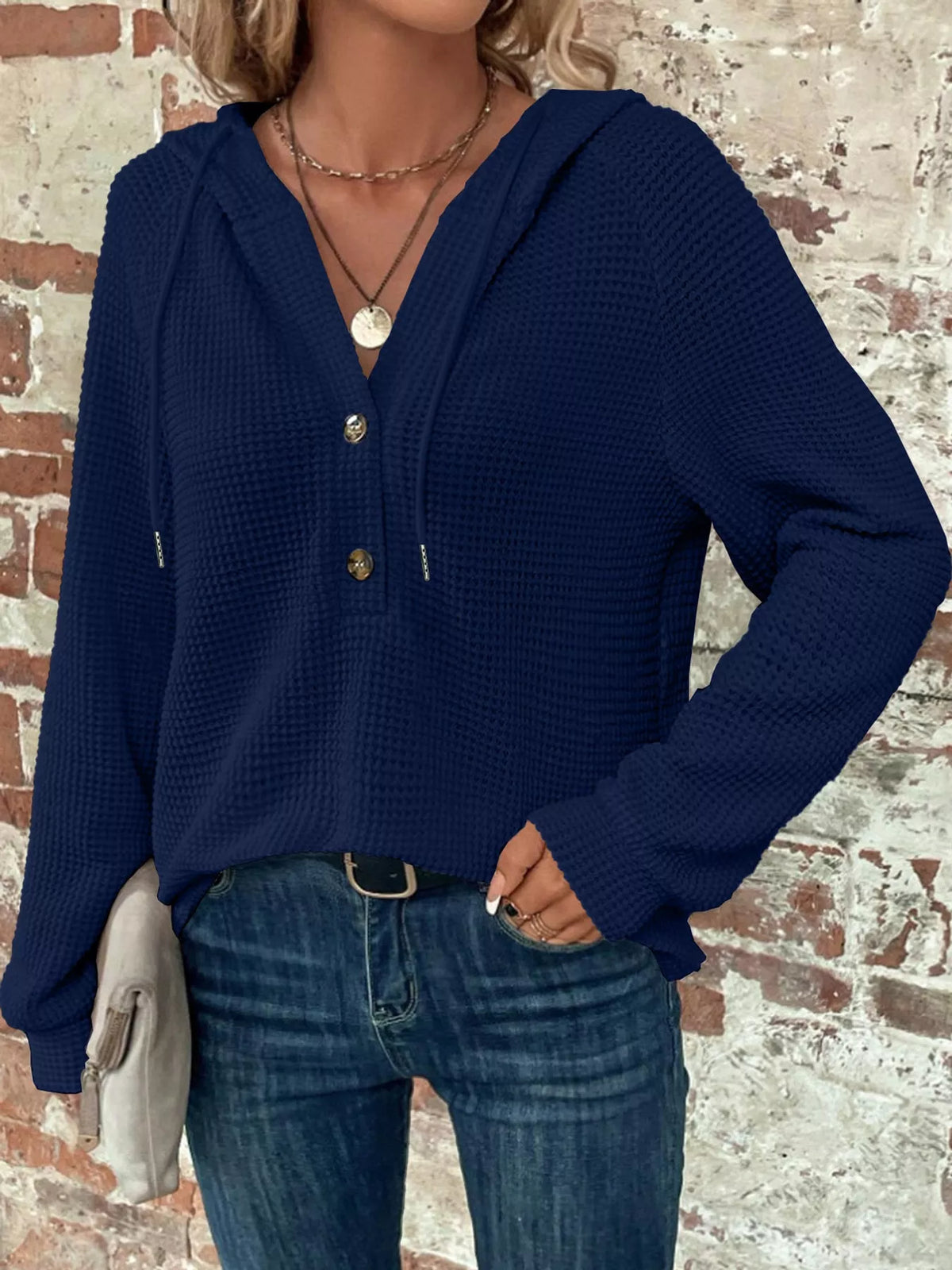 Navy waffle Knit Button Detail Hoodie