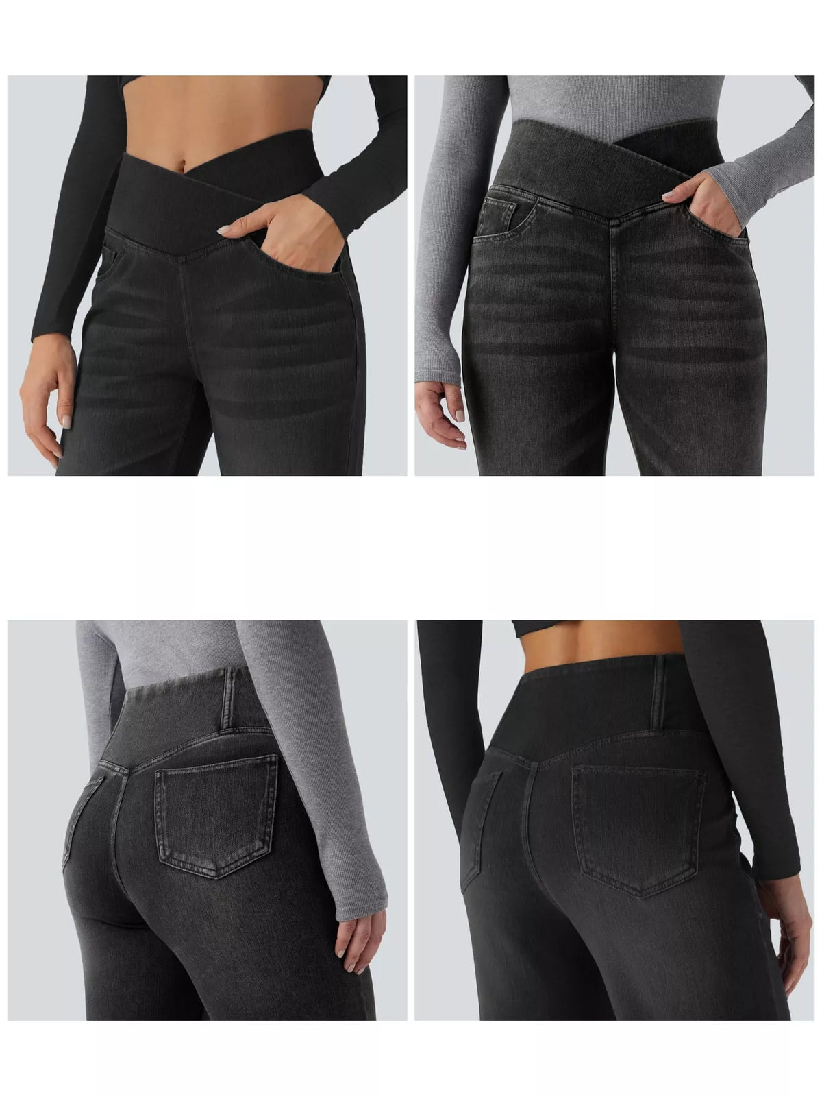 Black high-waisted crossover waistband straight-leg jeans — detail view