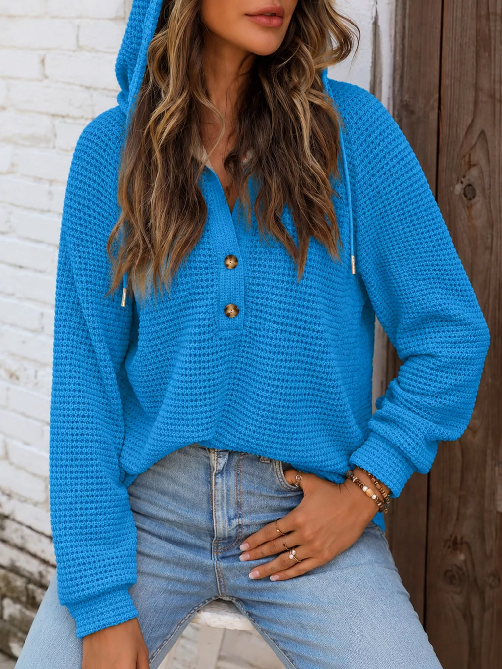 Bright blue waffle Knit Button Detail Hoodie