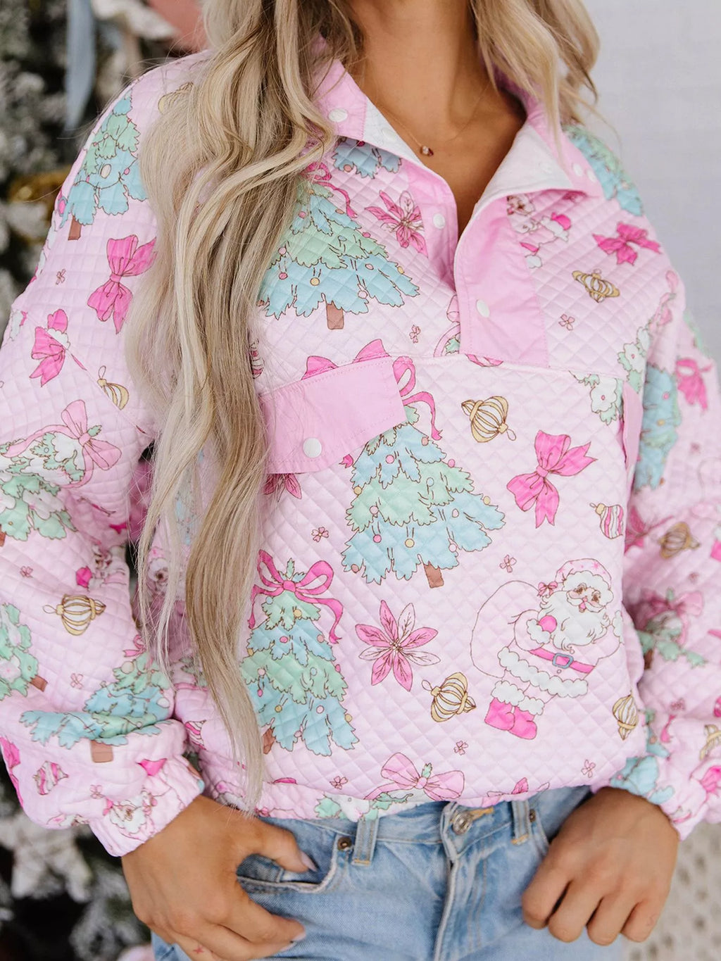 Pink christmas Print Collar Half Button Loose Sweatshirt
