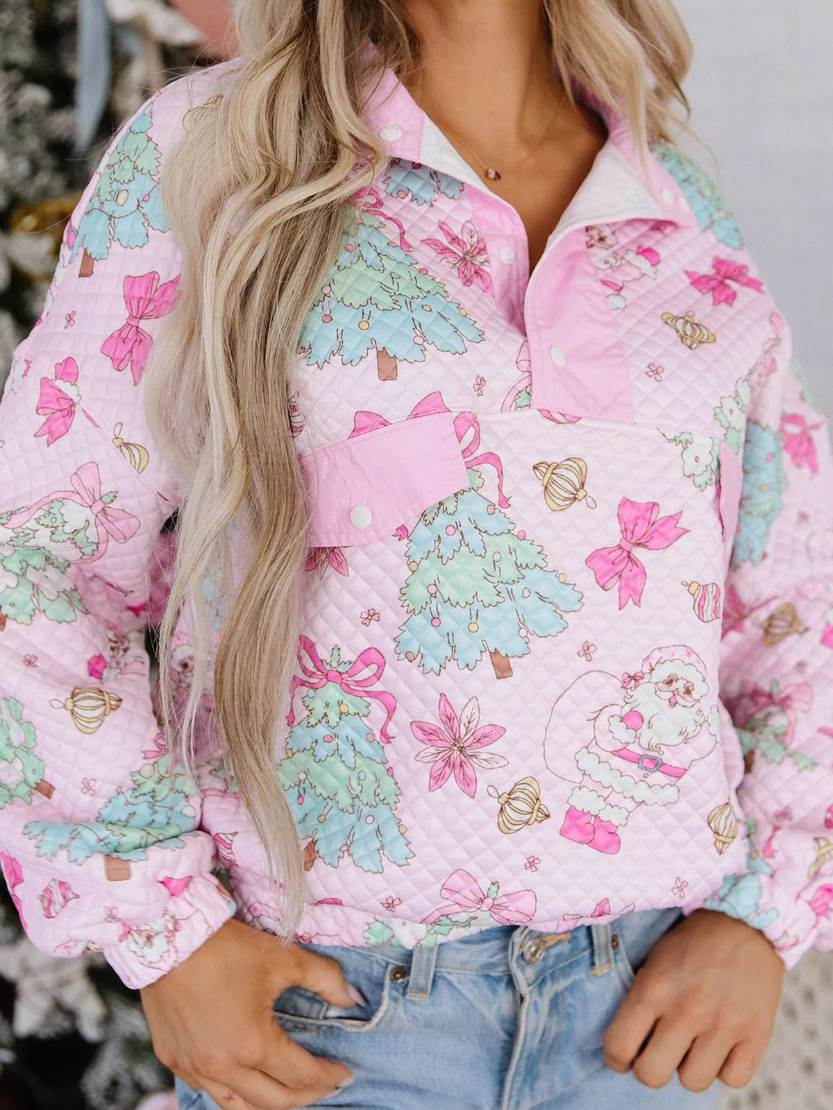 Pink christmas Print Collar Half Button Loose Sweatshirt