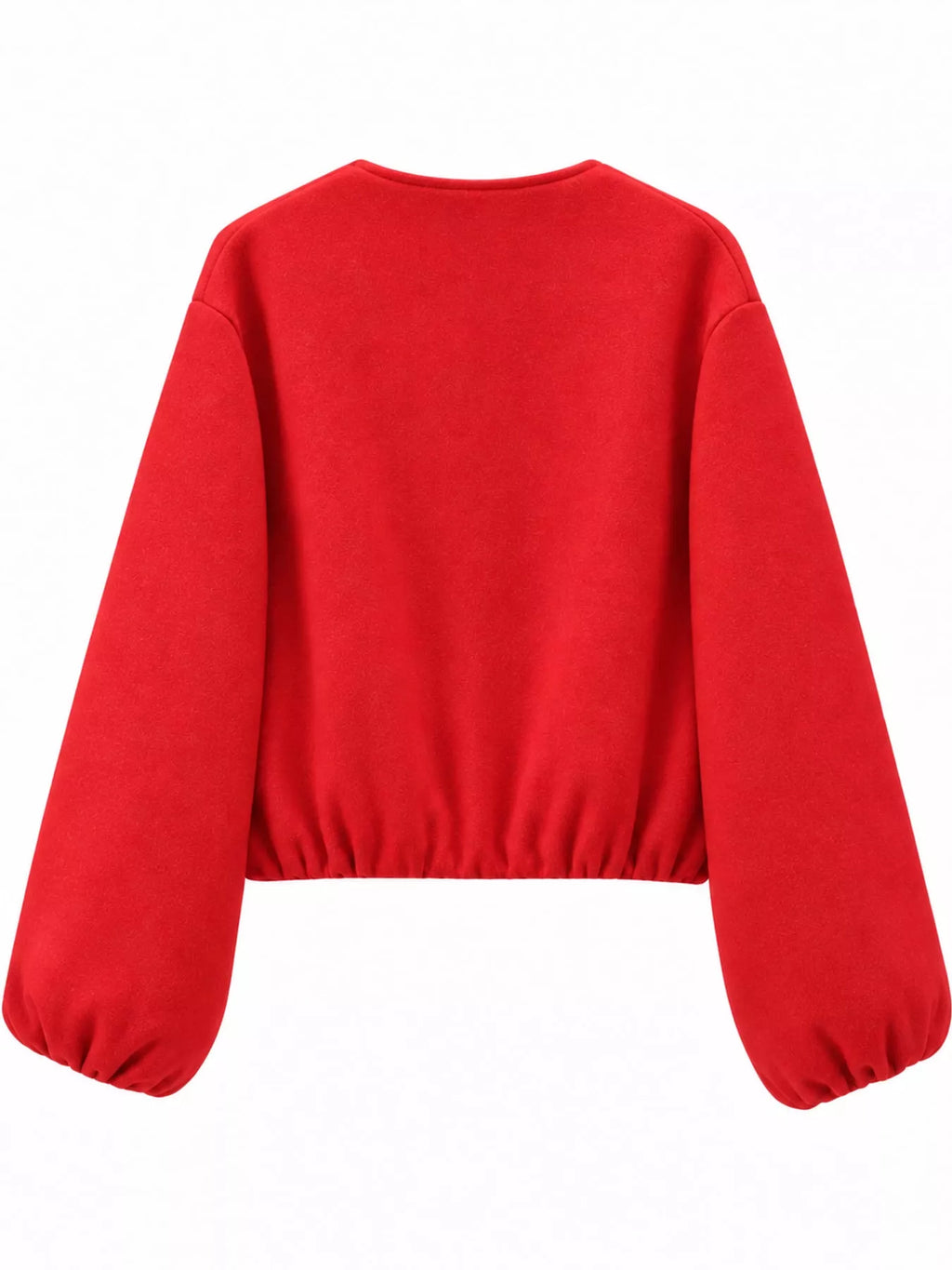 Bright-red round-neck zip-up jacket with gathered hem and sleeves, back view.