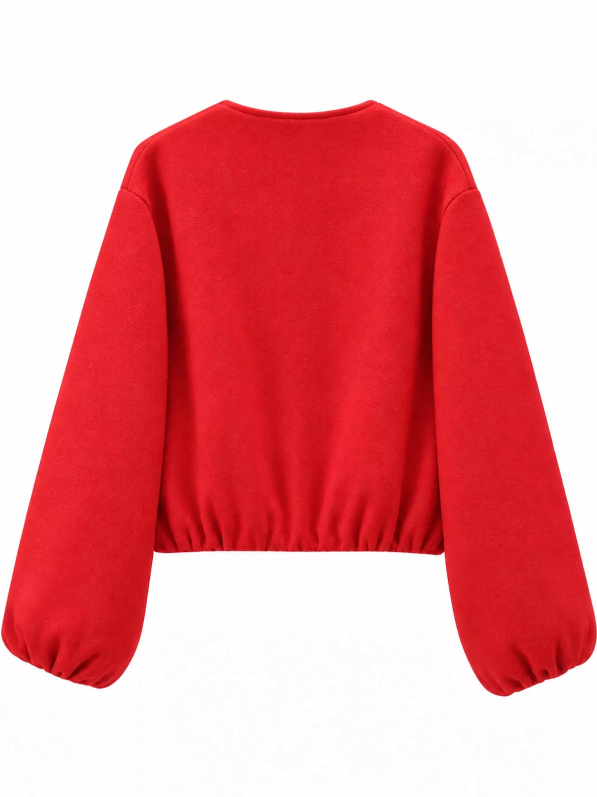 Bright-red round-neck zip-up jacket with gathered hem and sleeves, back view.