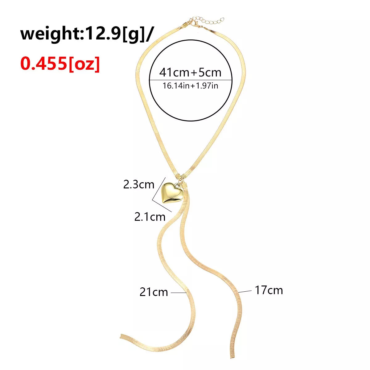 Measurements diagram for gold-tone heart pendant lariat necklace with long chain tassels