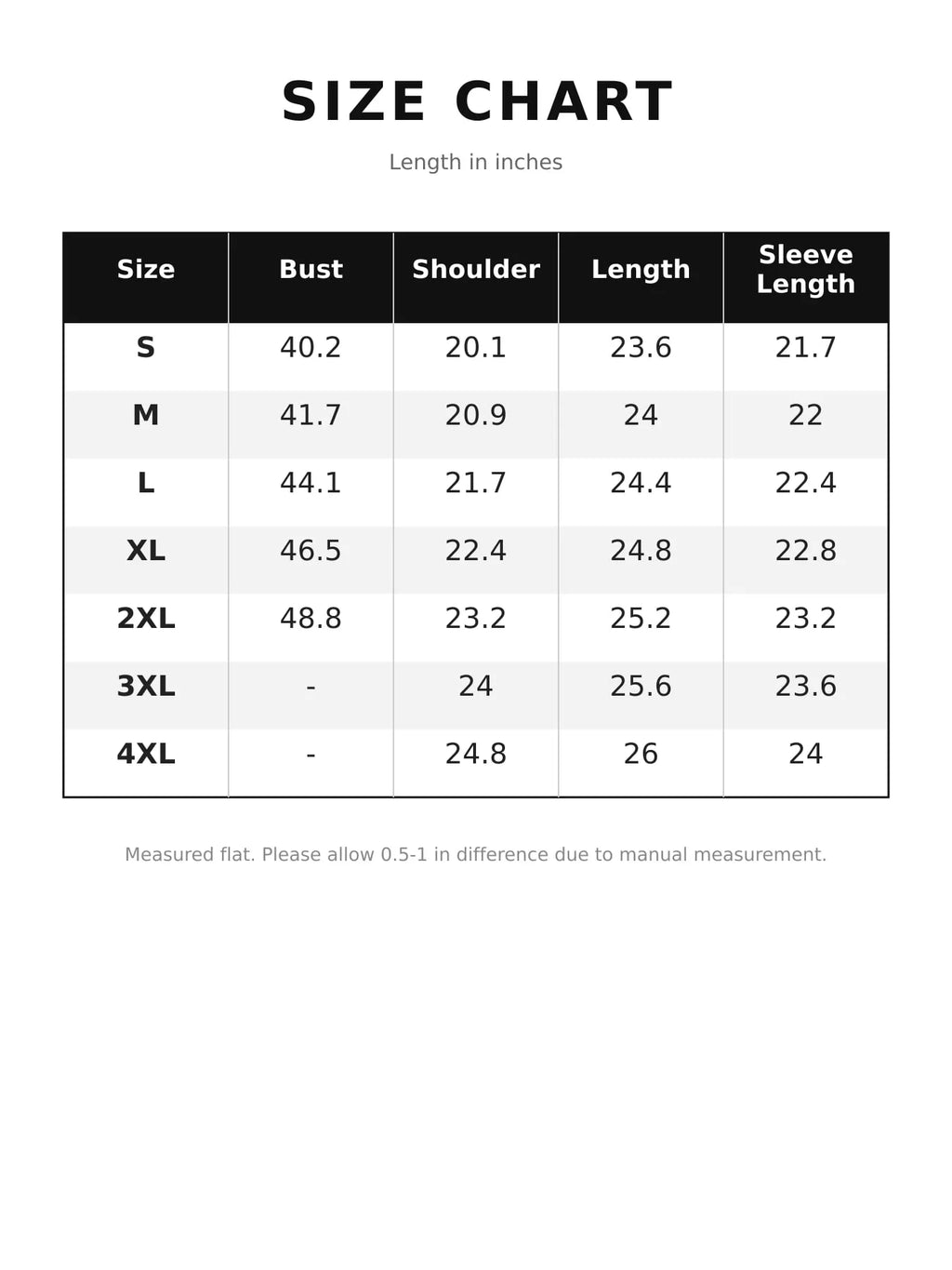 Size chart for the casual zip-up bomber jacket, with measurements in inches.