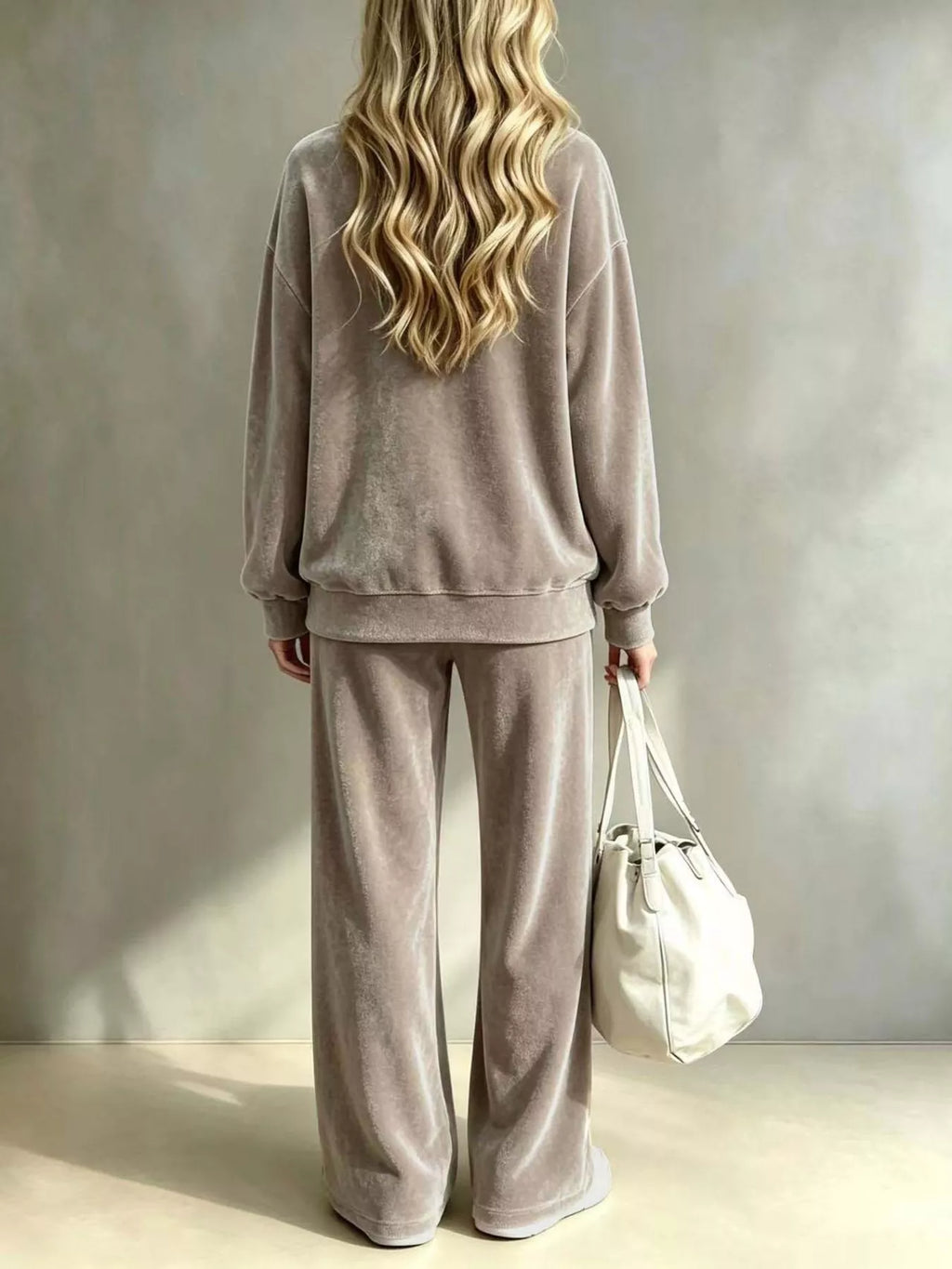 Taupe dropped Shoulder Velvet Top and Wide Leg Pants Set — back view