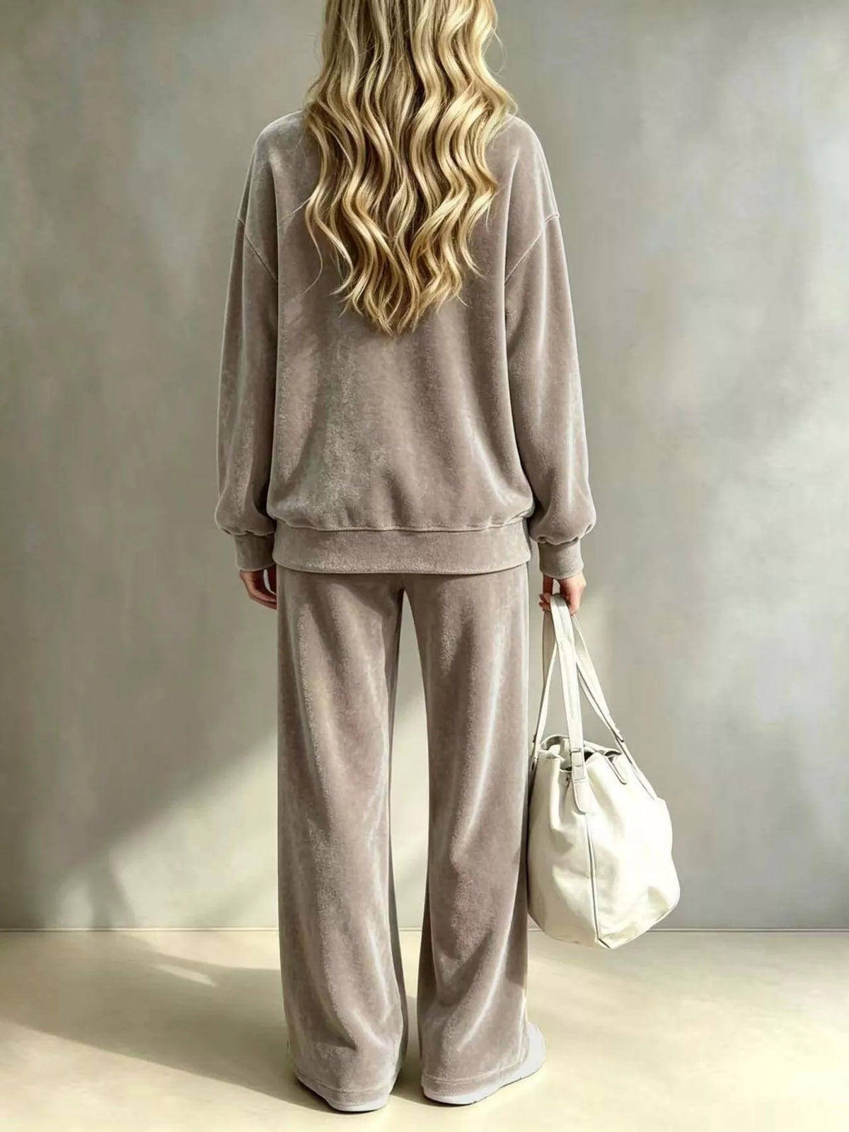 Taupe dropped Shoulder Velvet Top and Wide Leg Pants Set — back view