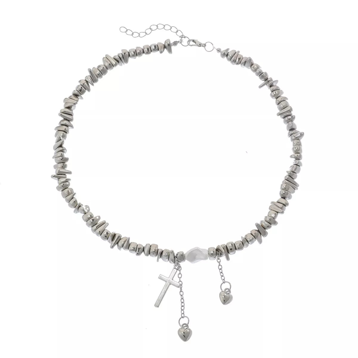 Chunky silver-tone chain necklace with cross and dangling charms — detail view