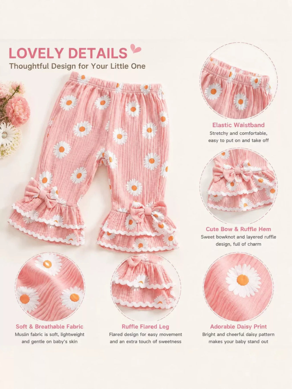 Detail collage showing the pink daisy-print pants' waistband, ruffled legs and fabric print.