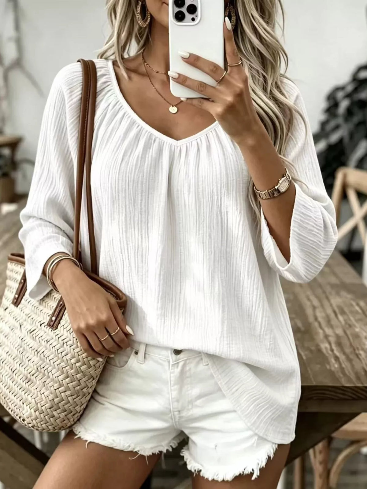White textured V-Neck T-Shirt