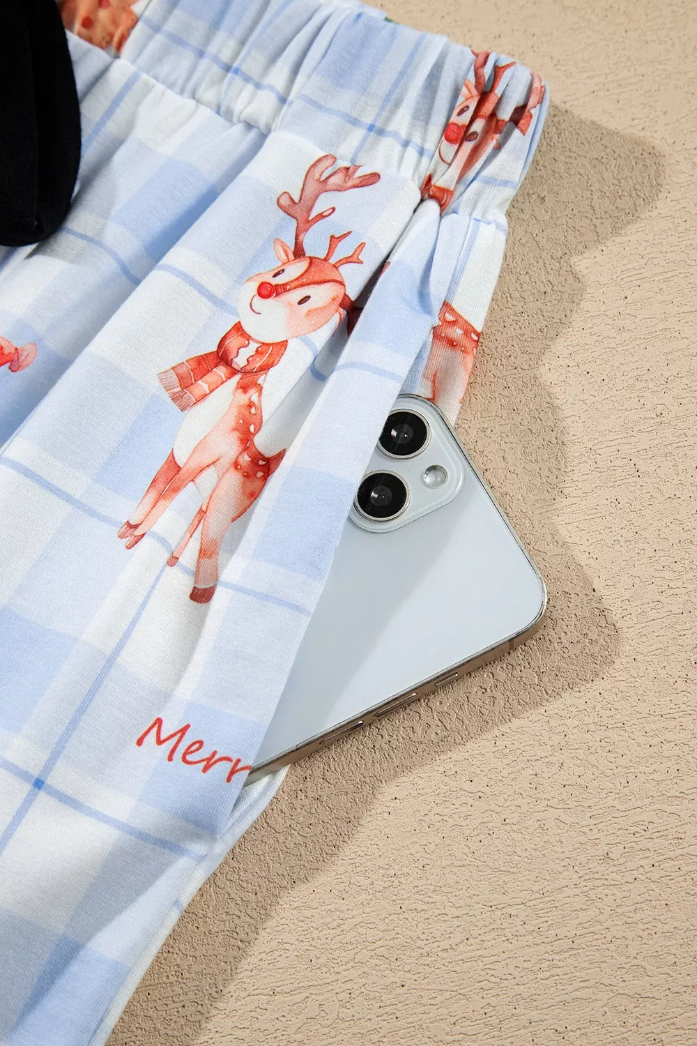 Light blue plaid Cartoon Christmas Pattern Shirt Top 2pcs Pajama Set — detail view