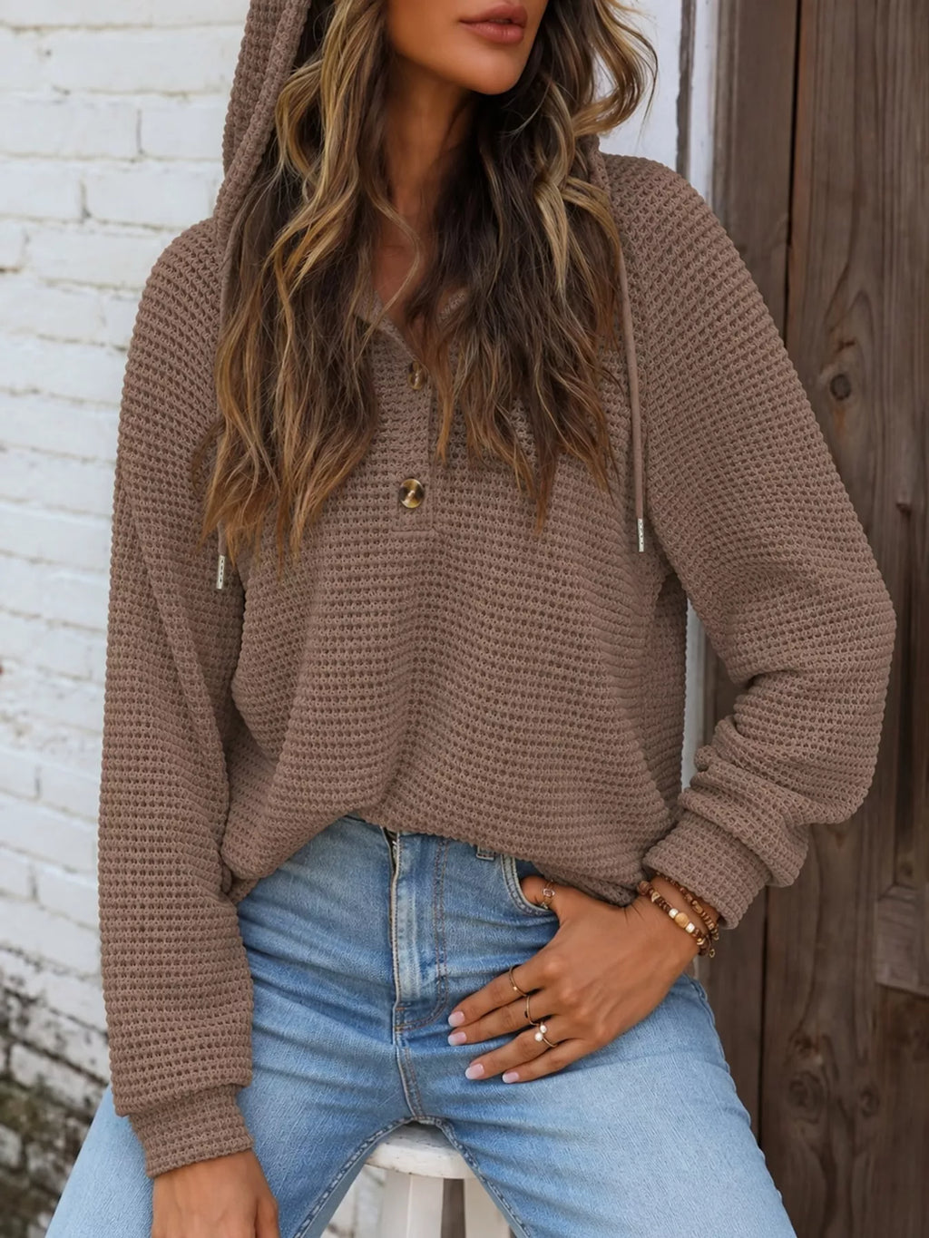 Taupe waffle Knit Button Detail Hoodie