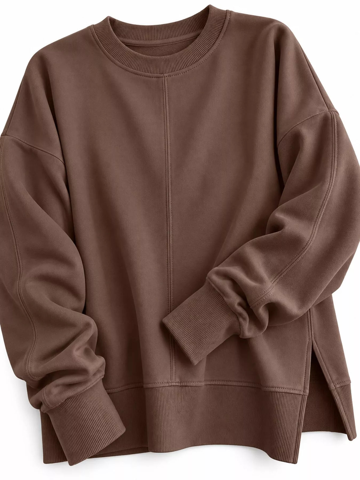 Brown oversized Crew Neck Sweatshirt with Side Slit — detail view