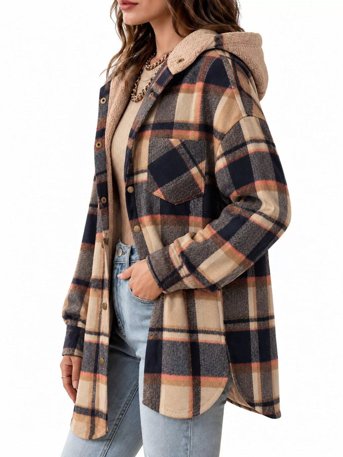 Side view of the coffee plaid hooded jacket.