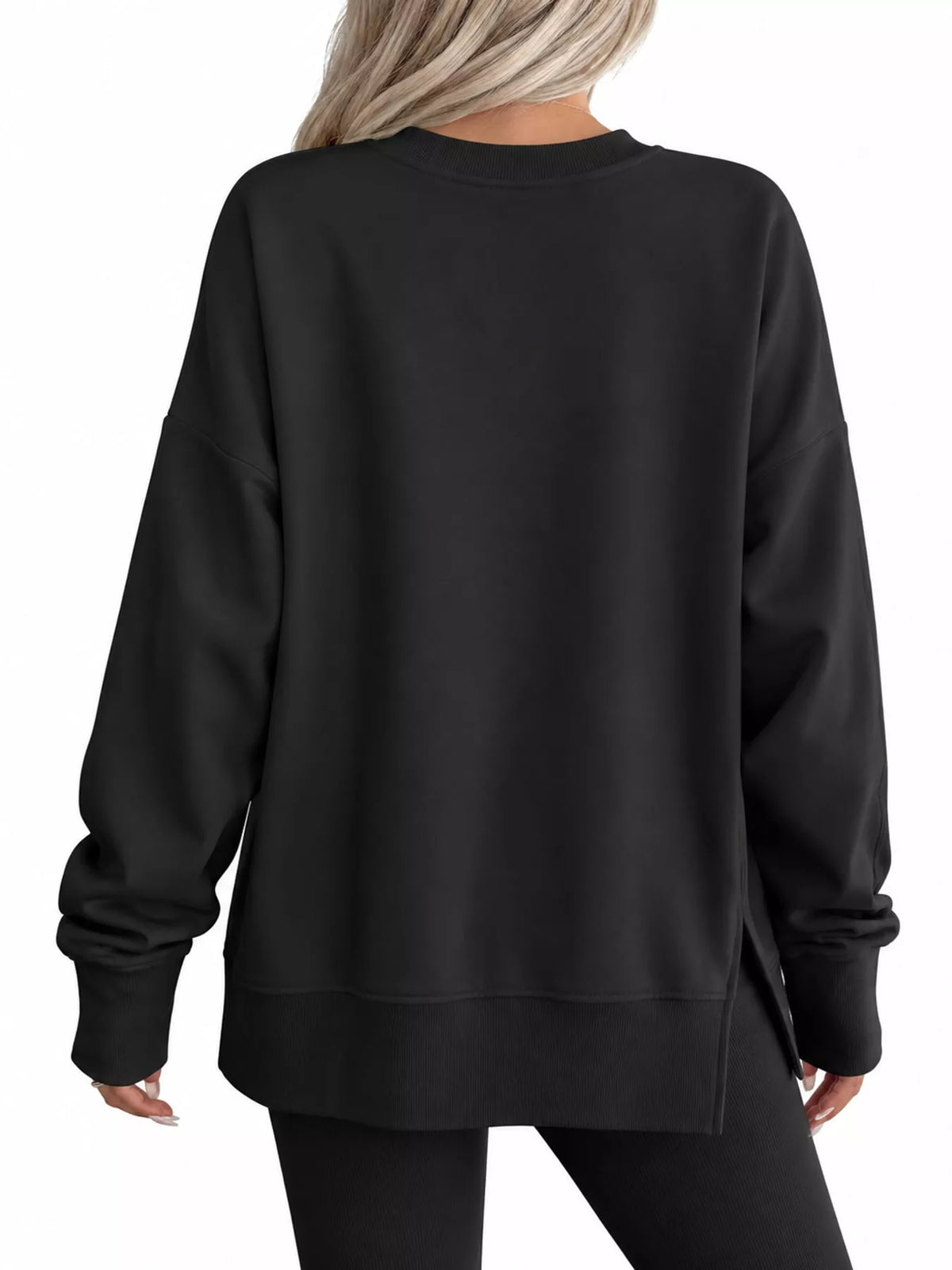 Black oversized Crew Neck Sweatshirt with Side Slit — back view
