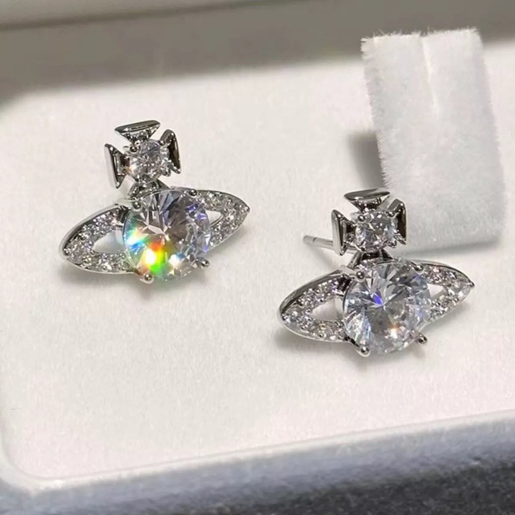 Silver-tone planet-shaped stud earrings with clear stones — detail view