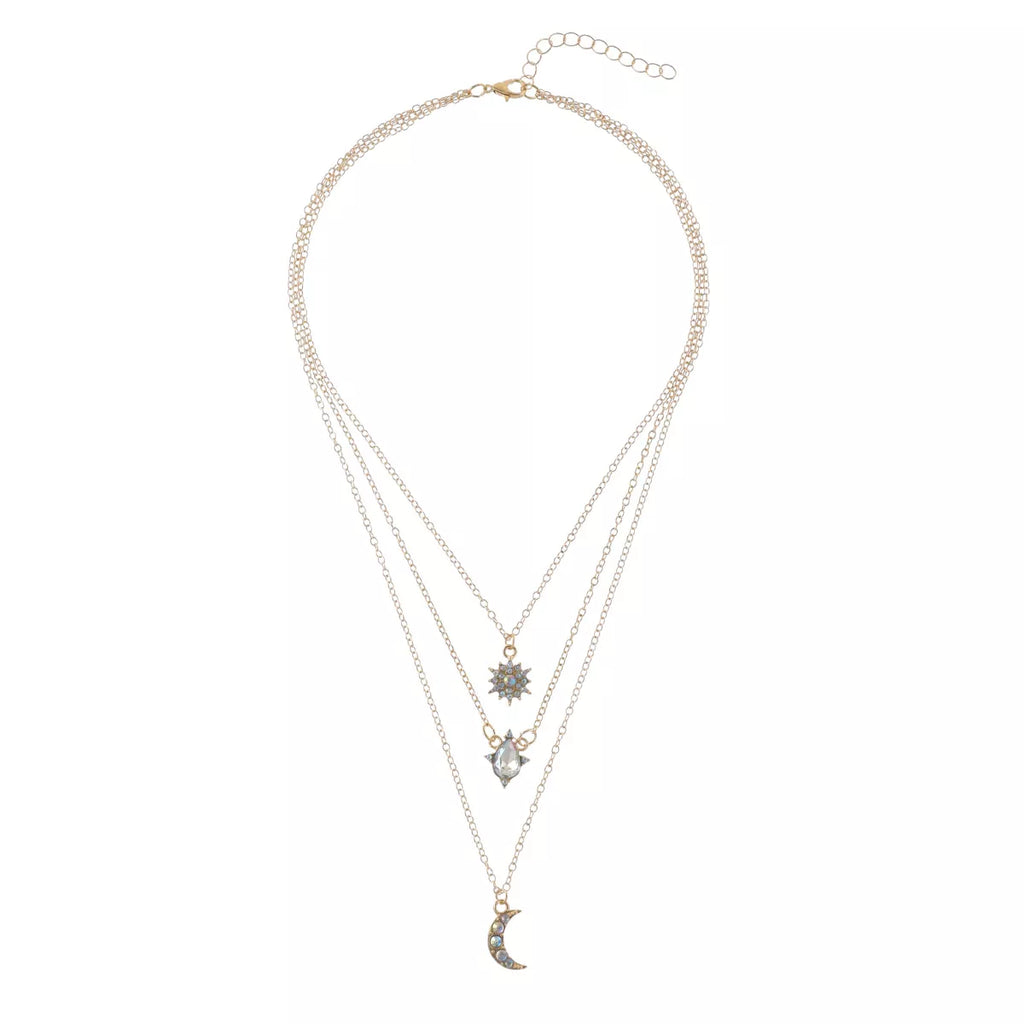 Layered silver-tone necklace with celestial and clear stone charms