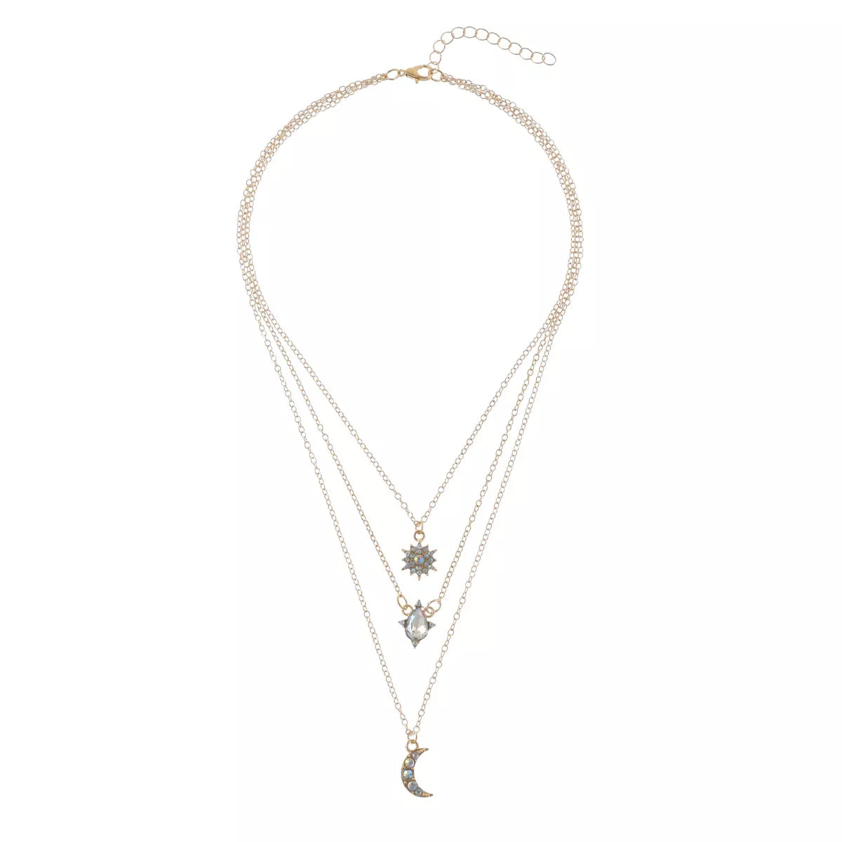 Layered silver-tone necklace with celestial and clear stone charms