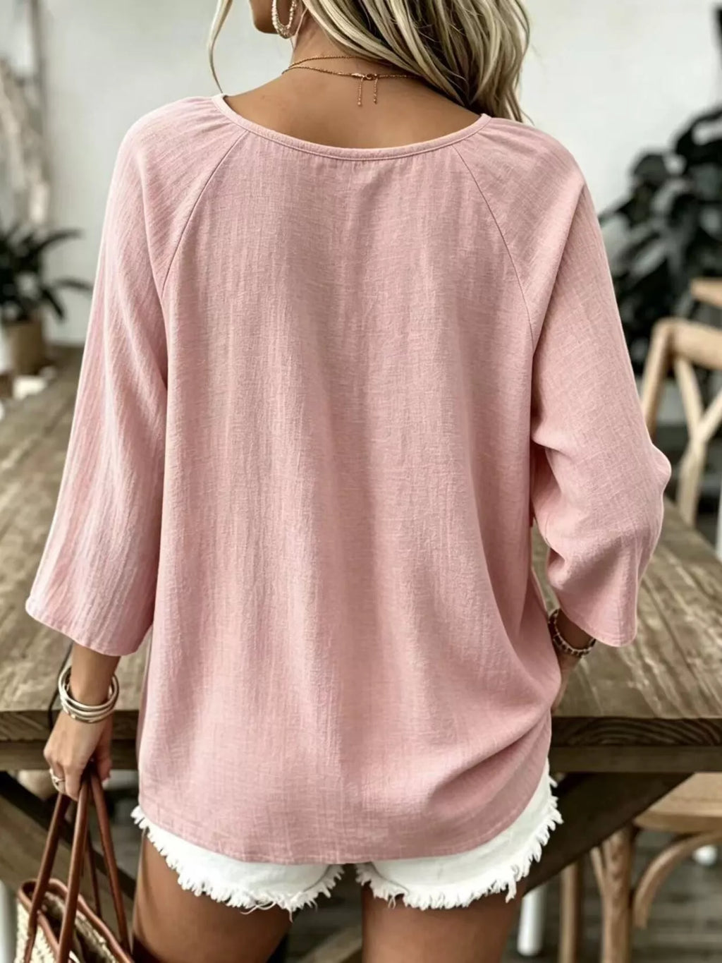 Pink textured V-Neck T-Shirt — back view